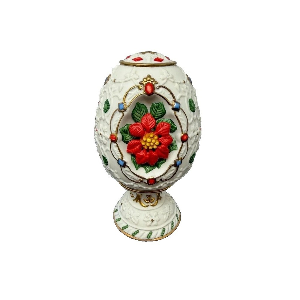 Lenox Poinsettia Blossom Egg on Stand Fine Porcelain Floral Collector Egg 5"